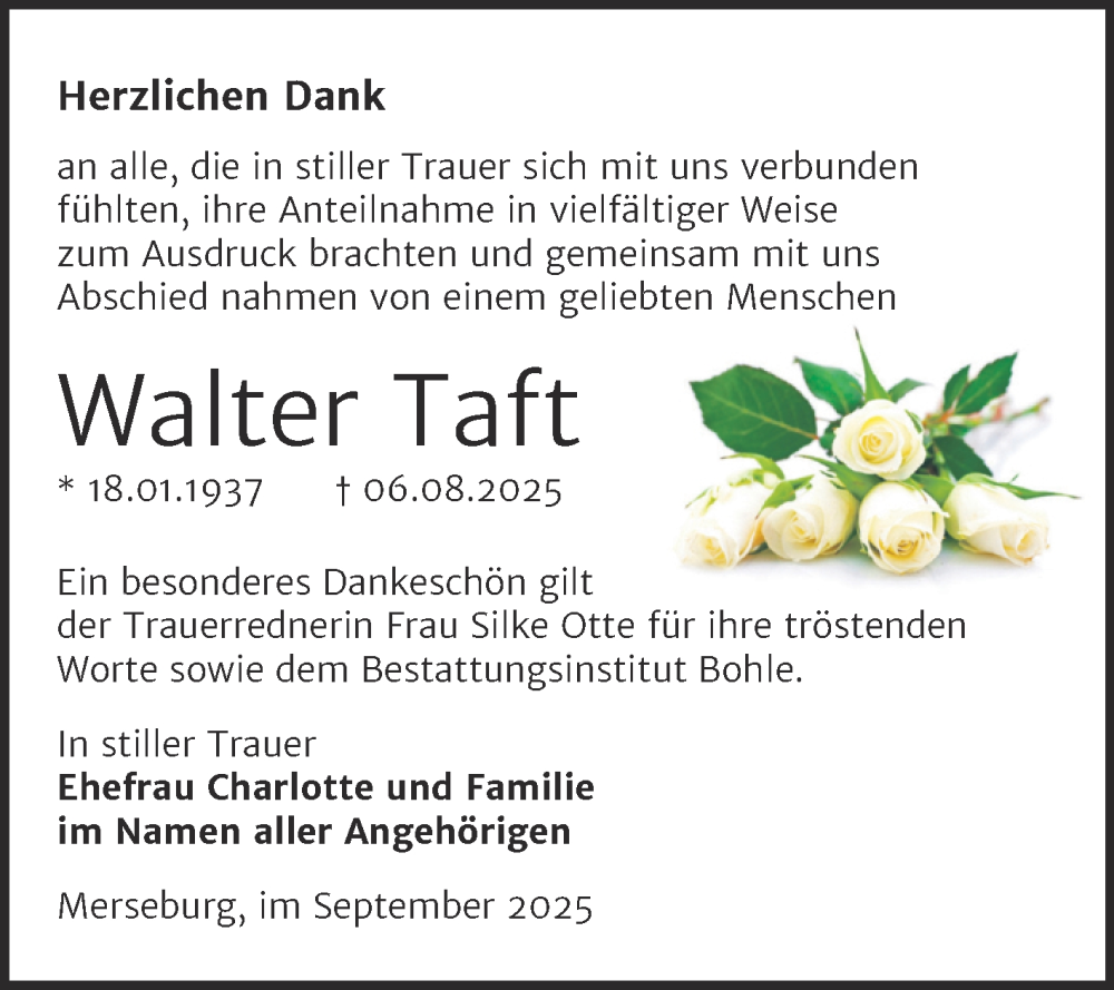  Traueranzeige für Walter Taft vom 06.09.2025 aus Trauerkombi Merseburg