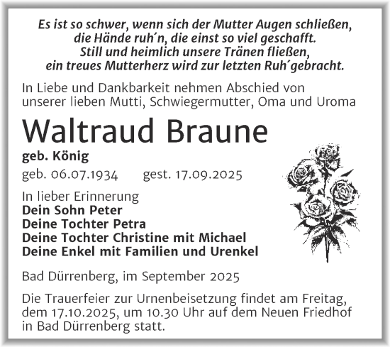Traueranzeige von Waltraud Braune von Trauerkombi Merseburg