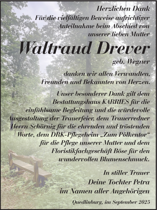 Traueranzeige von Waltraud Drever von Trauerkombi Quedlinburg