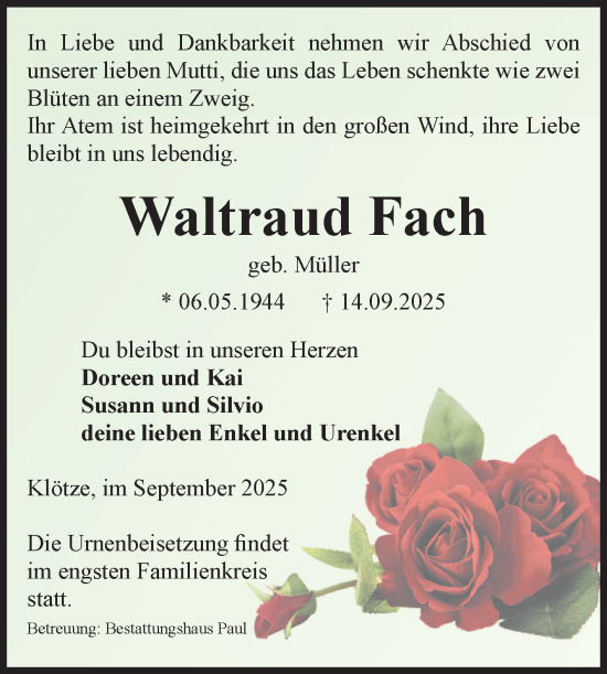 Traueranzeige von Waltraud Fach von Volksstimme Altmark West