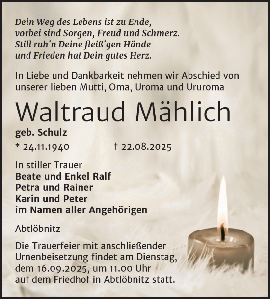 Traueranzeige von Waltraud Mählich von Super Sonntag Naumburg/Nebra