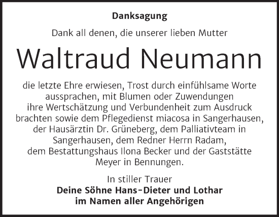 Traueranzeige von Waltraud Neumann von Trauerkombi Sangerhausen