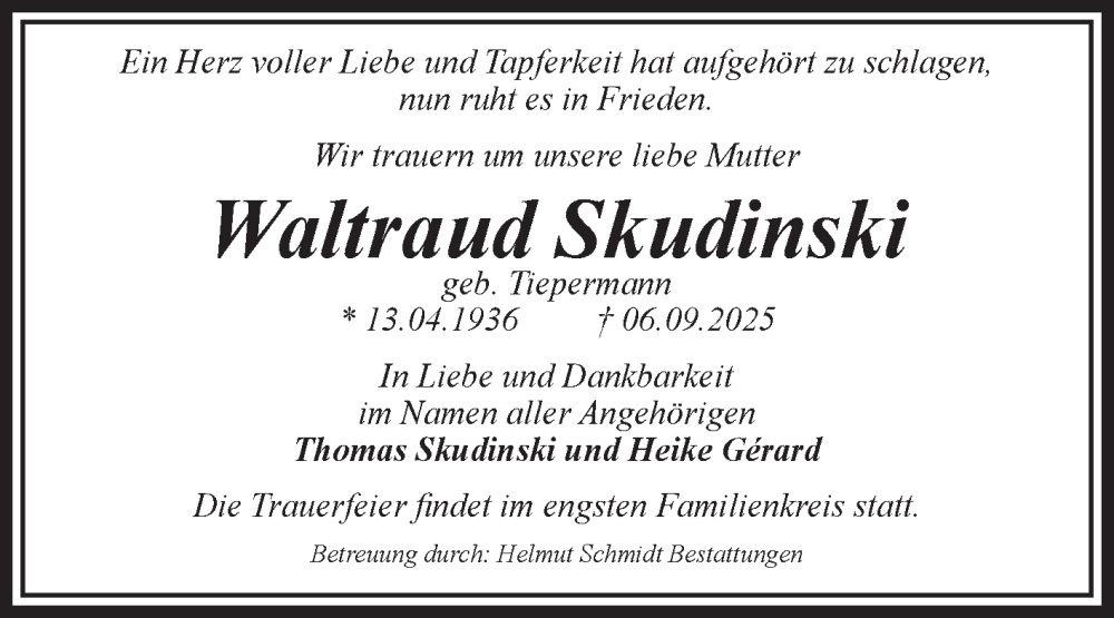  Traueranzeige für Waltraud Skudinski vom 20.09.2025 aus Volksstimme Magdeburg