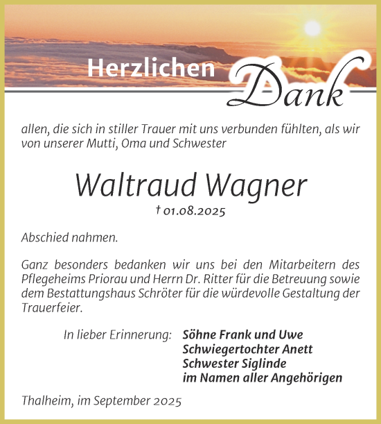 Traueranzeige von Waltraud Wagner von Trauerkombi Bitterfeld