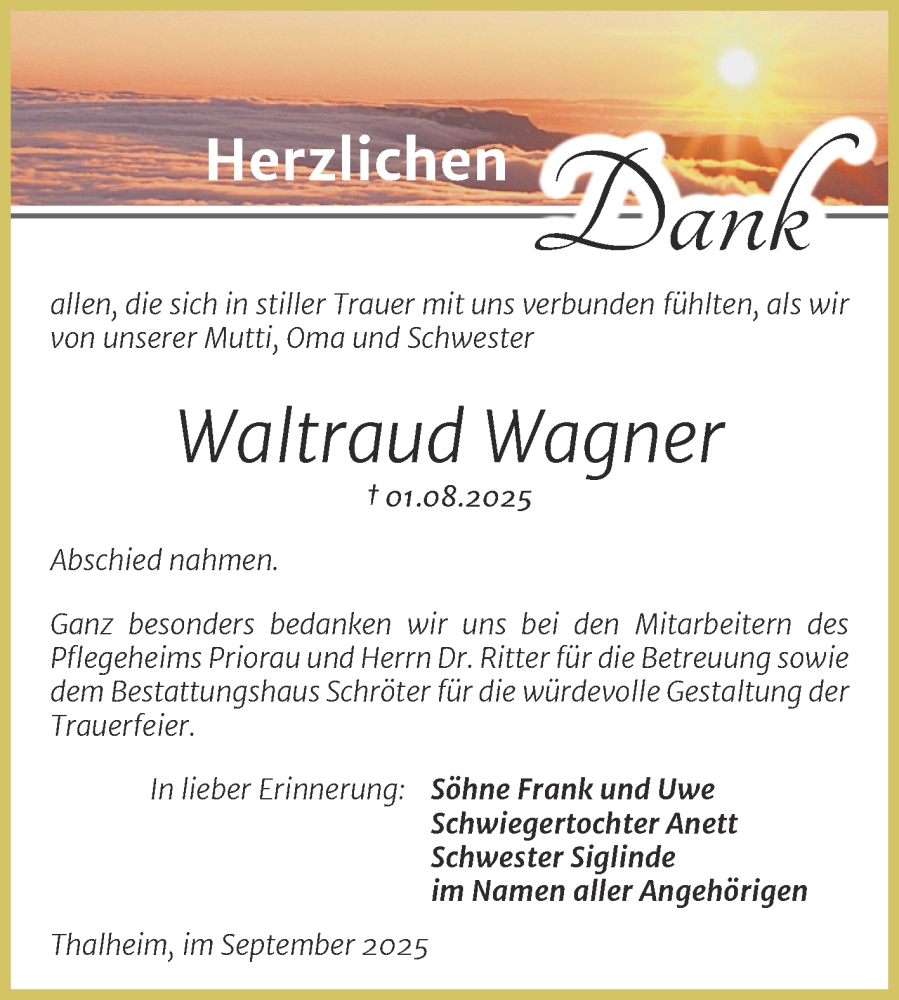  Traueranzeige für Waltraud Wagner vom 27.09.2025 aus Trauerkombi Bitterfeld