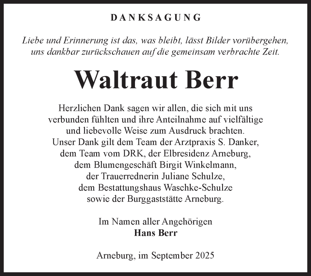  Traueranzeige für Waltraut Berr vom 05.09.2025 aus Volksstimme Altmark Ost
