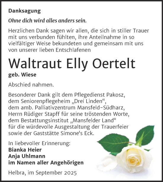 Traueranzeige von Waltraut Elly Oertelt von Trauerkombi Mansfelder Land