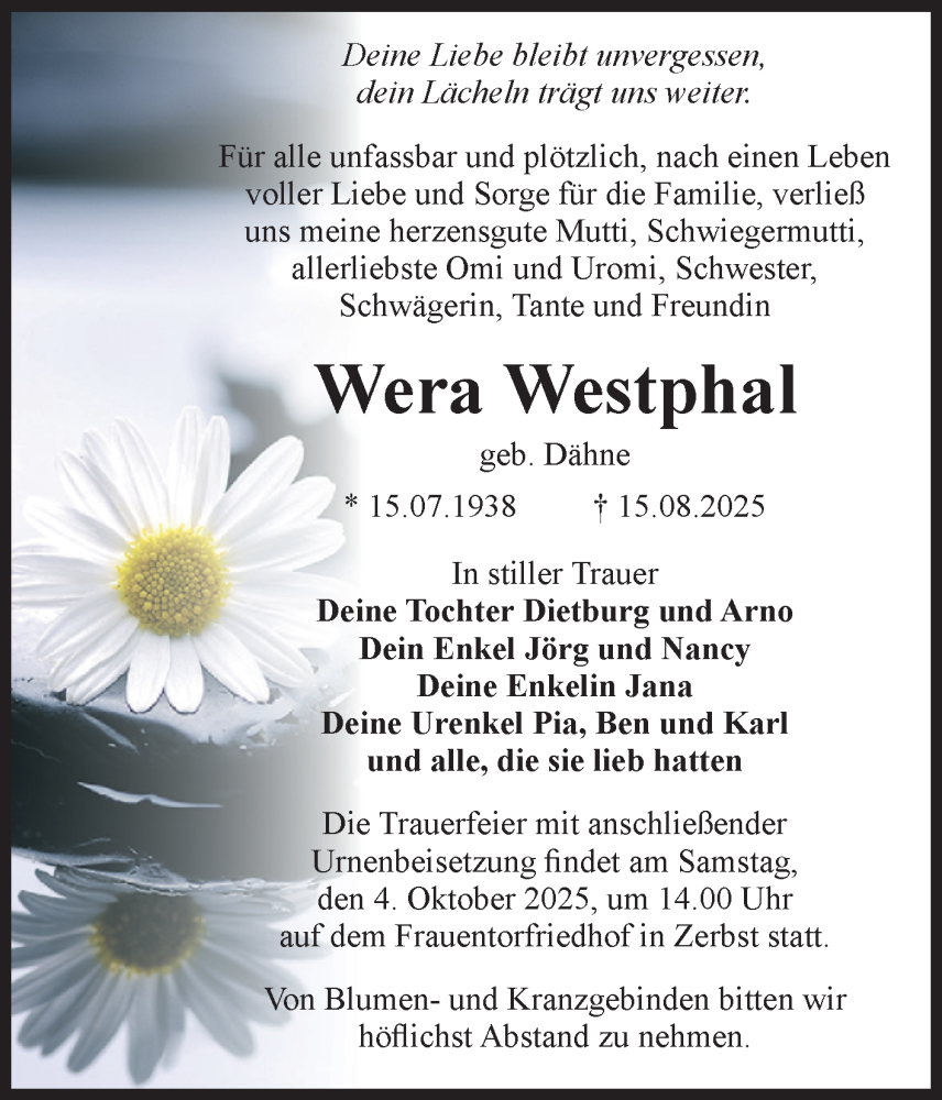  Traueranzeige für Wera Westphal vom 06.09.2025 aus Volksstimme Zerbst