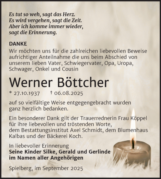 Traueranzeige von Werner Böttcher von Trauerkombi Merseburg