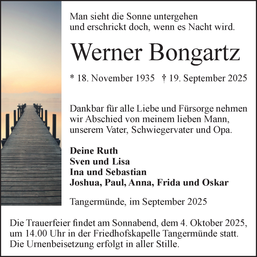  Traueranzeige für Werner Bongartz vom 27.09.2025 aus Volksstimme Altmark Ost
