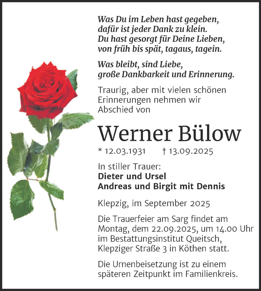  Traueranzeige für Werner Bülow vom 20.09.2025 aus Trauerkombi Köthen