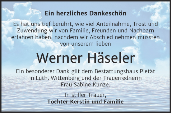 Traueranzeige von Werner Häseler von Trauerkombi Wittenberg