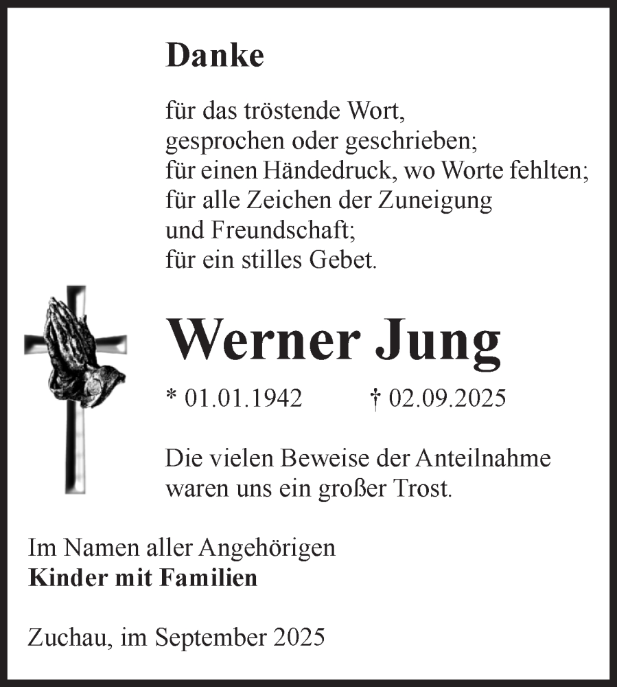  Traueranzeige für Werner Jung vom 27.09.2025 aus Volksstimme Schönebeck