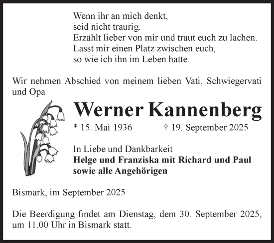 Traueranzeige von Werner Kannenberg von Volksstimme Altmark Ost