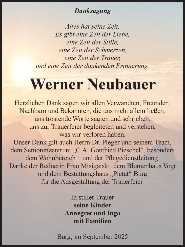  Traueranzeige für Werner Neubauer vom 13.09.2025 aus Volksstimme Burg/Genthin