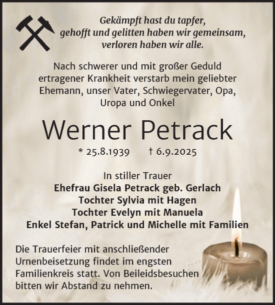 Traueranzeige von Werner Petrack von Trauerkombi Quedlinburg