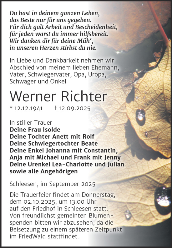 Traueranzeige von Werner Richter von Trauerkombi Wittenberg