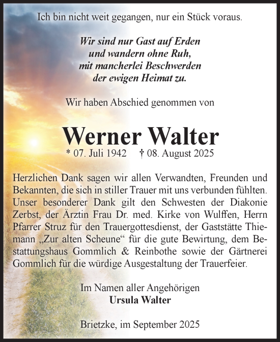Traueranzeige von Werner Walter von Volksstimme Zerbst