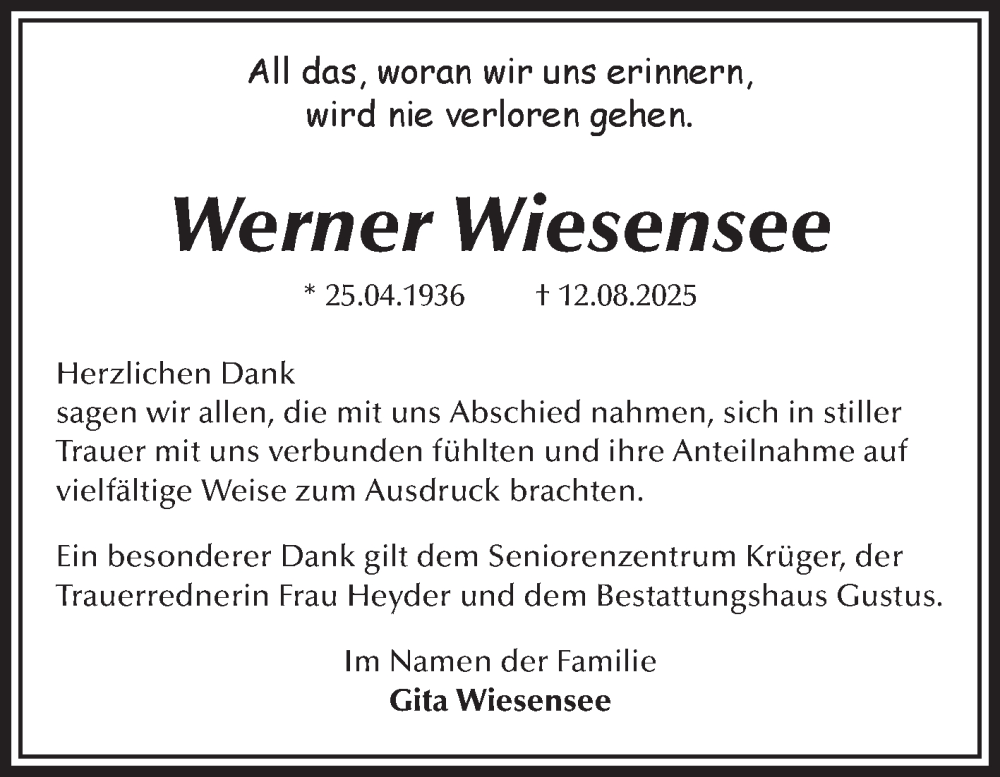  Traueranzeige für Werner Wiesensee vom 13.09.2025 aus Volksstimme Halberstadt