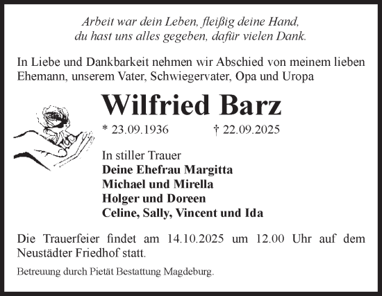 Traueranzeige von Wilfried Barz von Volksstimme Magdeburg