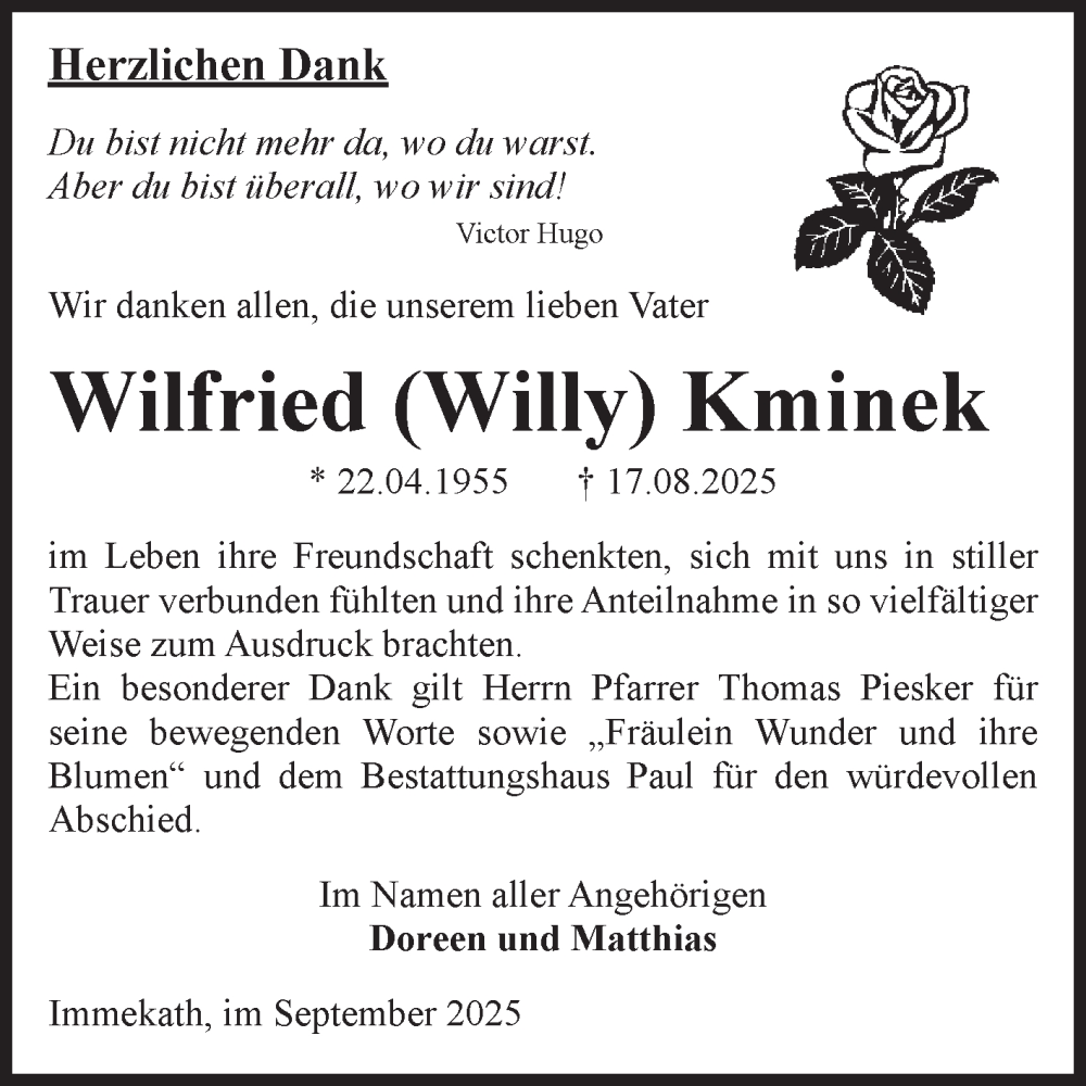  Traueranzeige für Wilfried Kminek vom 13.09.2025 aus Volksstimme Altmark West