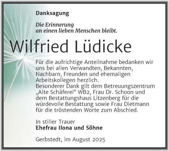 Traueranzeige von Wilfried Lüdicke von Trauerkombi Mansfelder Land