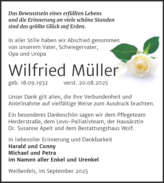 Traueranzeige von Wilfried Müller von Trauerkombi Weißenfels