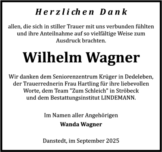 Traueranzeige von Wilhelm Wagner von Volksstimme Halberstadt