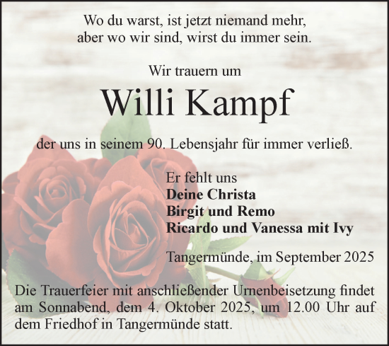 Traueranzeige von Willi Kampf von Volksstimme Altmark Ost