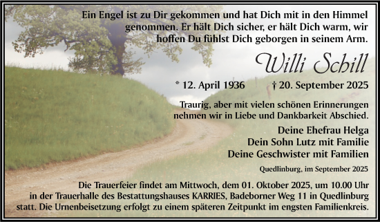 Traueranzeige von Willi Schill von Trauerkombi Quedlinburg