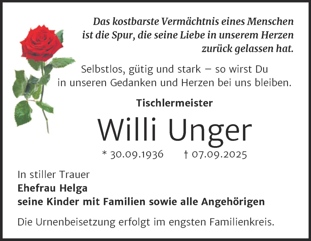  Traueranzeige für Willi Unger vom 20.09.2025 aus Trauerkombi Dessau