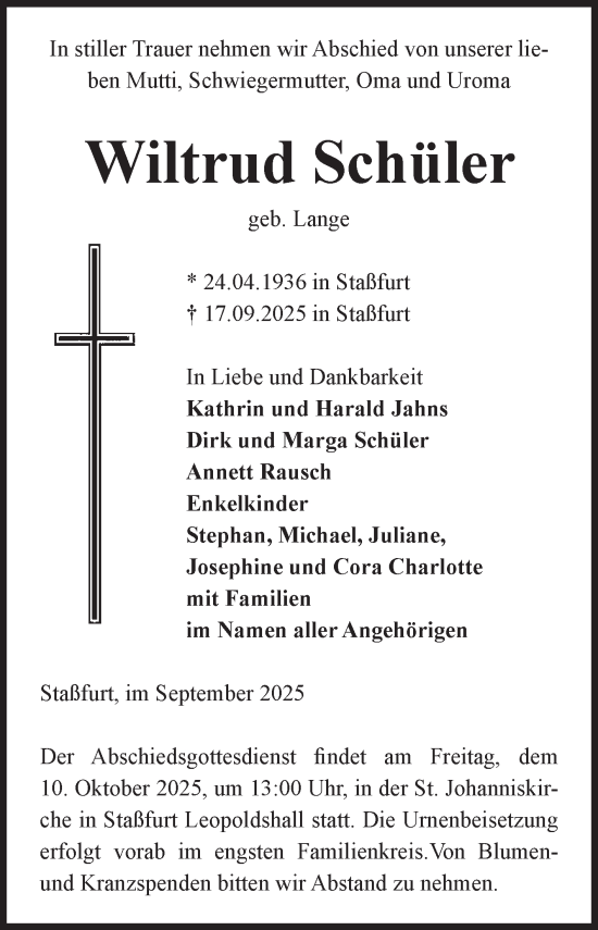 Traueranzeige von Wiltrud Schüler von Volksstimme Staßfurt