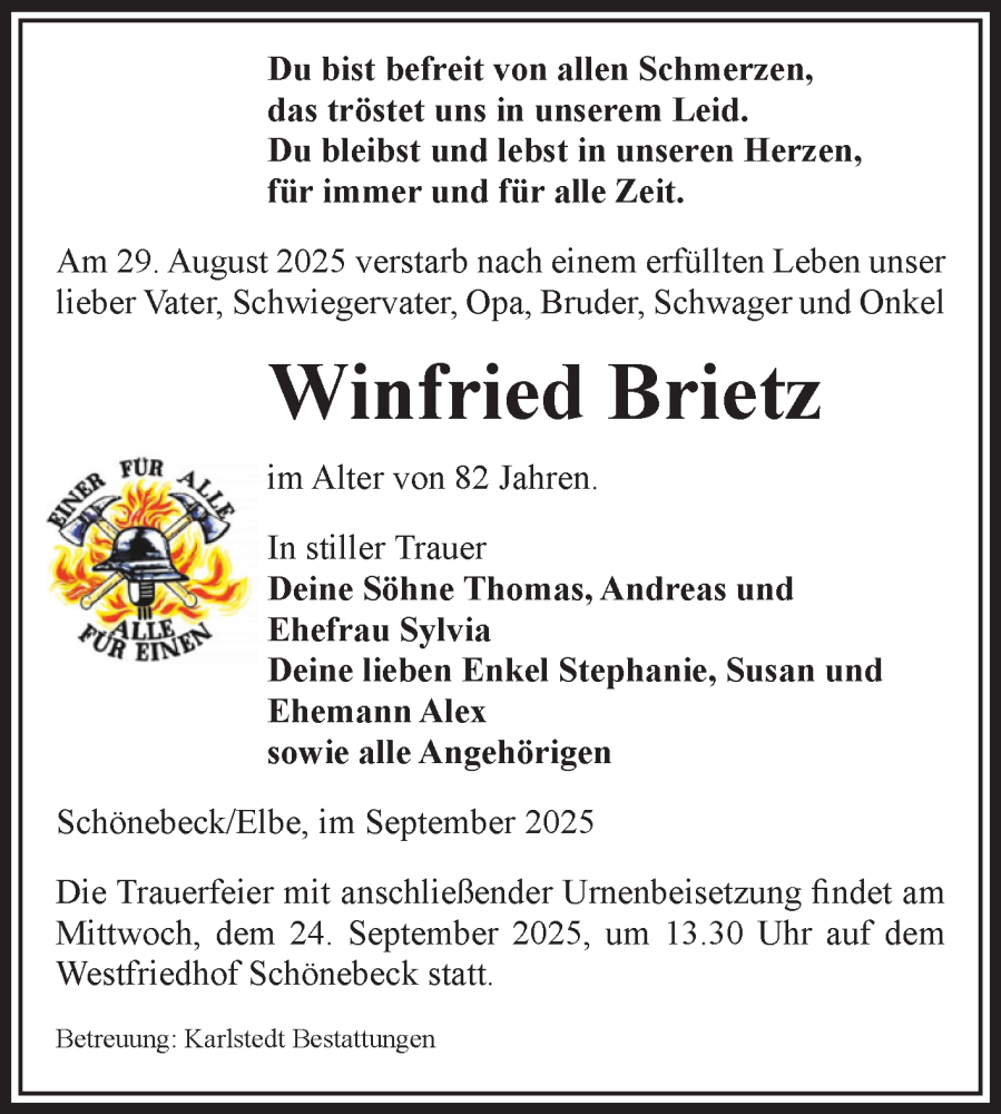  Traueranzeige für Winfried Brietz vom 13.09.2025 aus Volksstimme Schönebeck