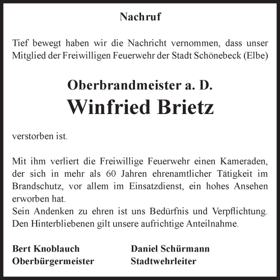 Traueranzeige von Winfried Brietz von Volksstimme Schönebeck