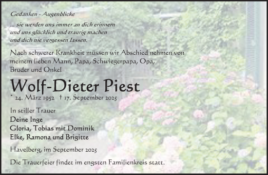 Traueranzeige von Wolf-Dieter Piest von Volksstimme Altmark Ost