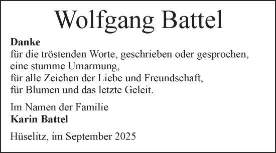 Traueranzeige von Wolfgang Battel von Volksstimme Altmark Ost