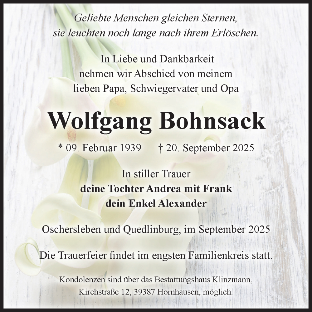 Traueranzeige für Wolfgang Bohnsack vom 27.09.2025 aus Volksstimme Oschersleben/Wanzleben