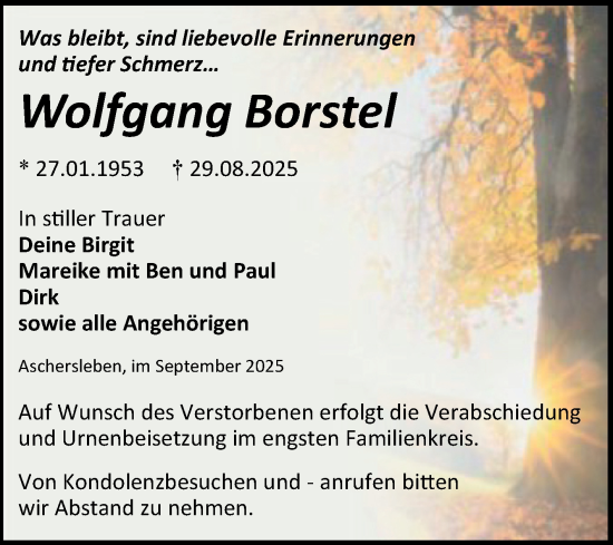 Traueranzeige von Wolfgang Borstel von Trauerkombi Aschersleben
