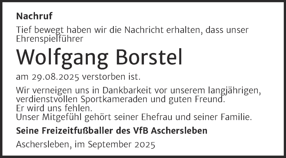  Traueranzeige für Wolfgang Borstel vom 13.09.2025 aus Trauerkombi Aschersleben