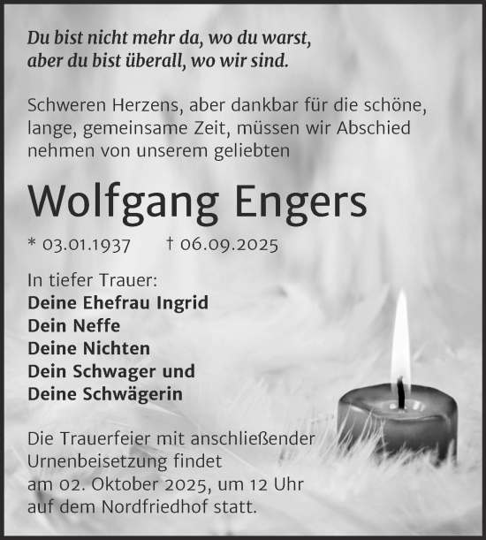 Traueranzeige von Wolfgang Engers von Mitteldeutsche Zeitung Halle/Saalkreis