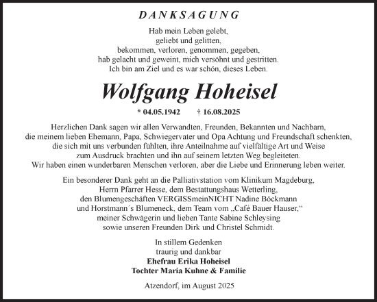 Traueranzeige von Wolfgang Hoheisel 