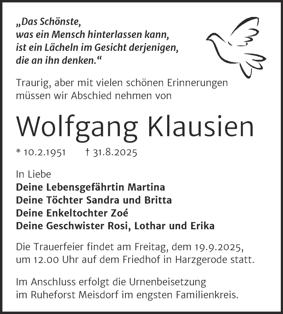  Traueranzeige für Wolfgang Klausien vom 06.09.2025 aus Trauerkombi Quedlinburg