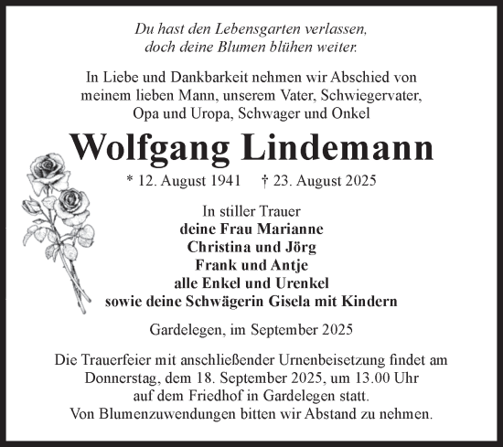 Traueranzeige von Wolfgang Lindemann von Volksstimme Altmark West