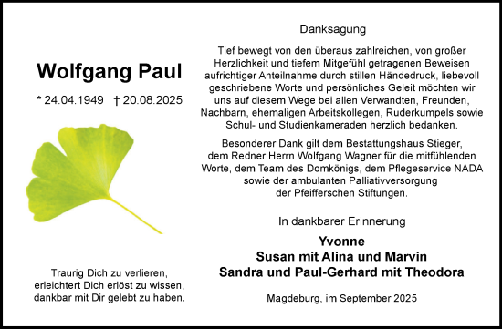 Traueranzeige von Wolfgang Paul von Volksstimme Magdeburg