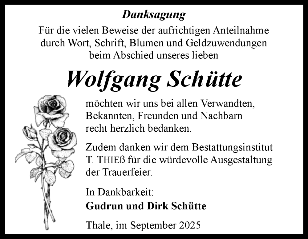  Traueranzeige für Wolfgang Schütte vom 27.09.2025 aus Trauerkombi Quedlinburg