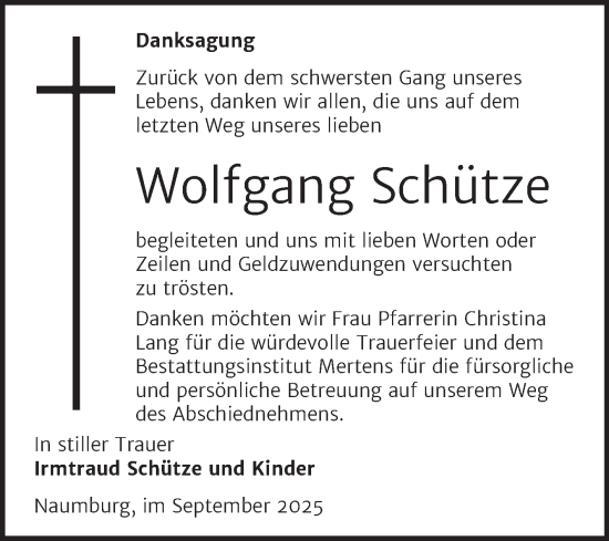 Traueranzeige von Wolfgang Schütze von Naumburger Tageblatt