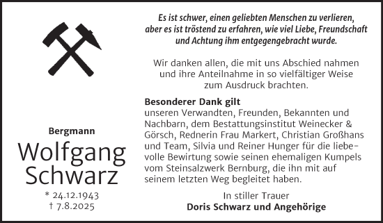 Traueranzeige von Wolfgang Schwarz von Trauerkombi Bernburg