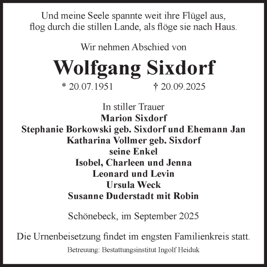 Traueranzeige von Wolfgang Sixdorf von Volksstimme Schönebeck