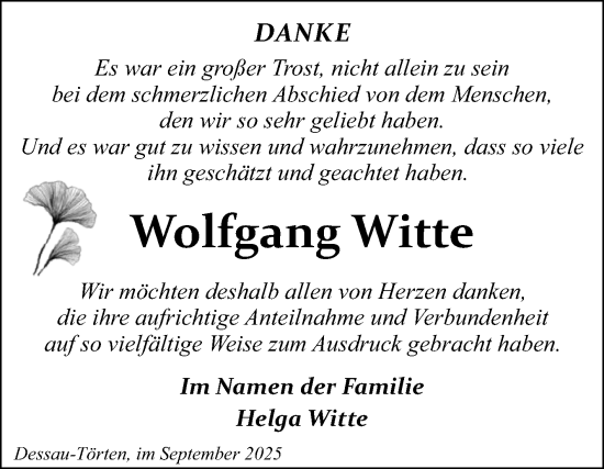 Traueranzeige von Wolfgang Witte von Trauerkombi Dessau