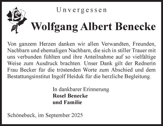 Traueranzeige von Wolfgang Albert Benecke von Volksstimme Schönebeck